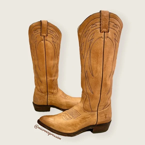 $399 Frye Billy Pull On Tan Leather Embroidered Tonal Stitch Tall Cowboy Boots